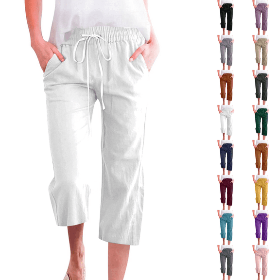 Cotton Linen Capris for Women Casual Summer Straight Wide Leg Loose Drawstring Elastic Waist Petite Pull On Pants for Women White XL