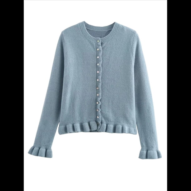 Suéter Tipo Cárdigan Corto para Mujer, Moderno, con Cuello Redondo, Volantes, Larga, Botones, Prendas de Punto. Azul L