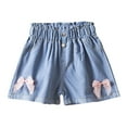 thumbnail image 3 of Glisme Girls Shorts Denim Shorts With Bow Flower Decorations Stretchy Elastic Waist Casual Summer Shorts For Toddler Kids Comfortable Close Fitting Blue Shorts Size 7-8 Years, 3 of 6