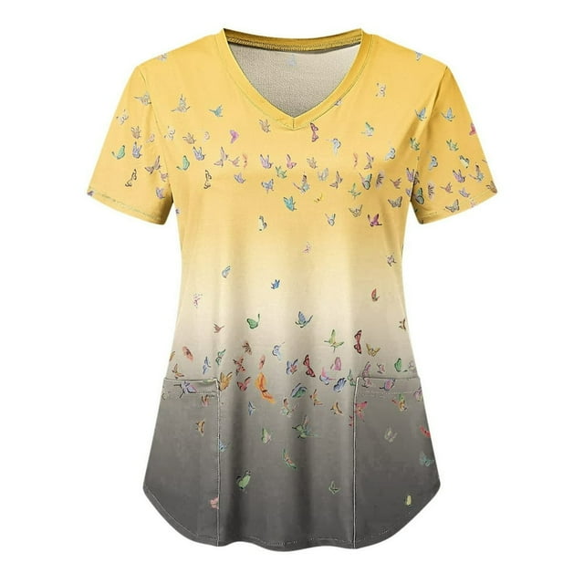 JUNWELL Blouses Médicales pour Femmes Blouses Amples d'Été à Manches Courtes Col en V Imprimé Floral Uniforme de Travail avec Poches