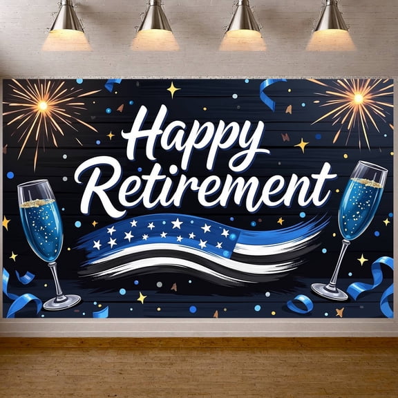 Blue Themed Happy Retirement Banner Star Pattern Retirement Event Backdrop Festive Glitter Detail Retirement Celebration Background for Retirement Party Colleague Farewell Corporate Retirement