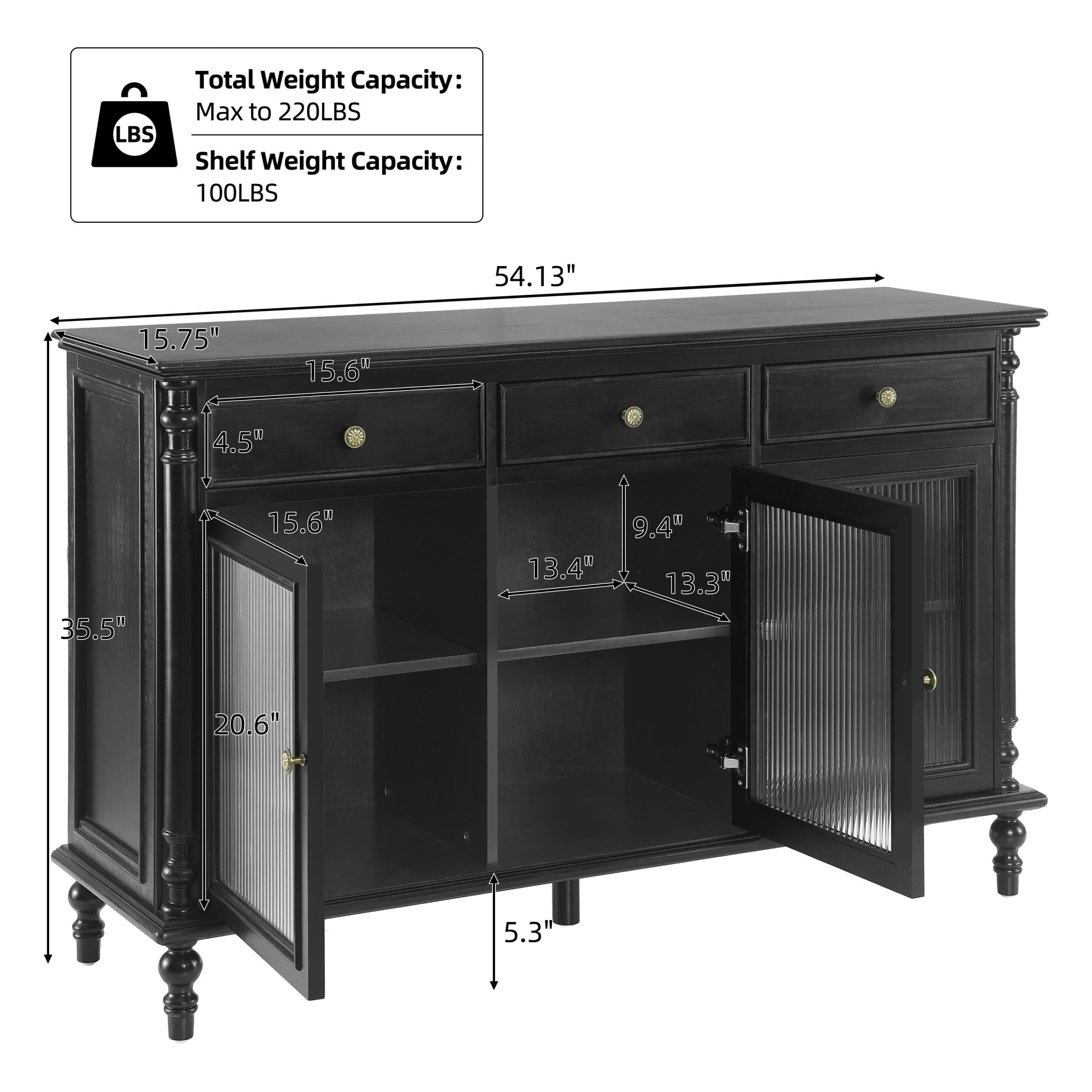 Christopher Knight Home 54" Vintage Buffet Sideboard Cabinet with 3 Drawers and Glass Doors, Black
