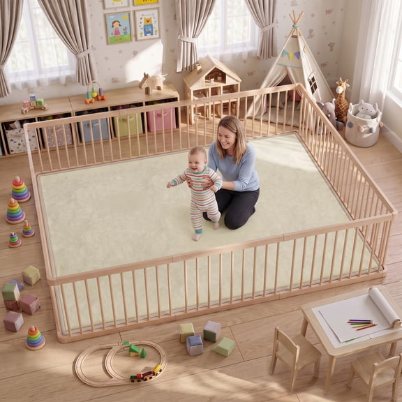 Qaba 1.2" Thick Baby Play Mat, 110" x 79" Playpen Mat, Non-Slip, Water-Resistant, Easy-Care, Soft Flannel for Crawling Playing Living Room, Cream