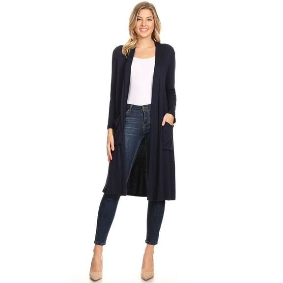 MOA COLLECTION Women's Solid Casual Loose Fit Long Sleeve Pocket Open Front Duster Cardigan