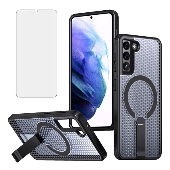 Asuwish Kickstand Hard Shell Slim Cell Phone Case with Tempered Glass Screen Protector for Samsung Galaxy S22, Black