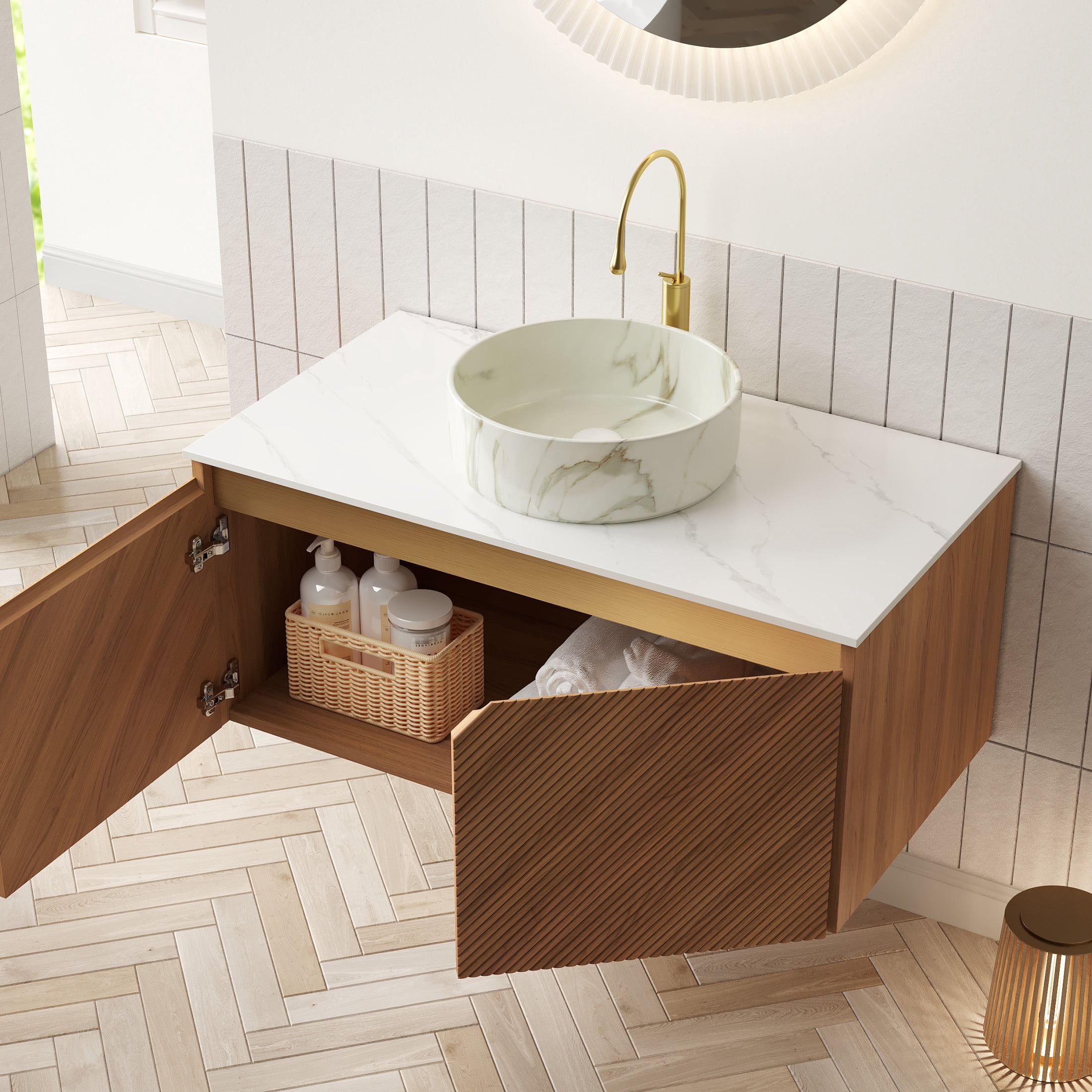 Noble House RUBEN 36" Floating Bathroom Vanity, Sintered Stone Top Cabinet with Stone Round Ceramic Vessel Sink, Oak