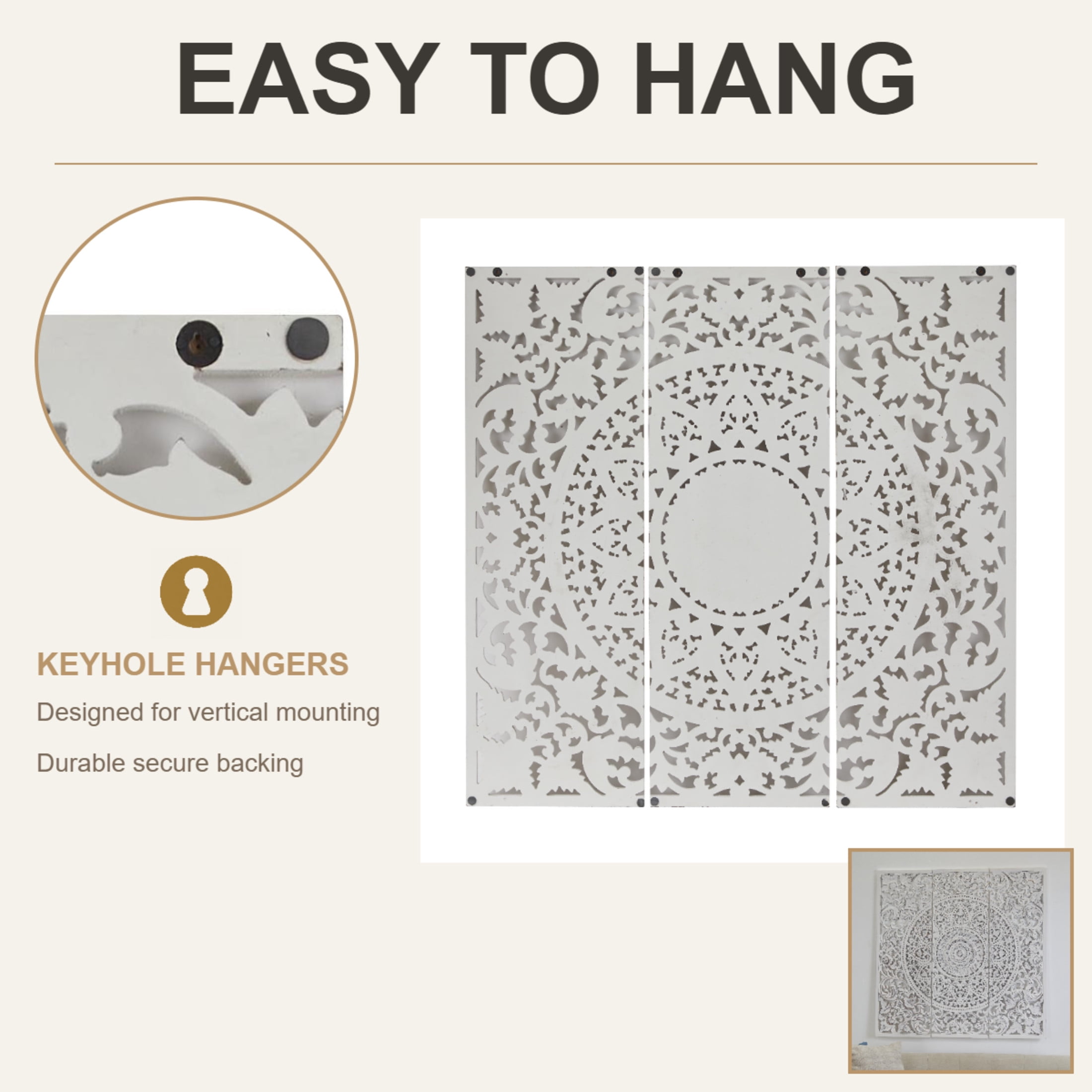DecMode White Wooden Handmade Intricately Carved Floral Wall Decor with Mandala Design (3 Count)