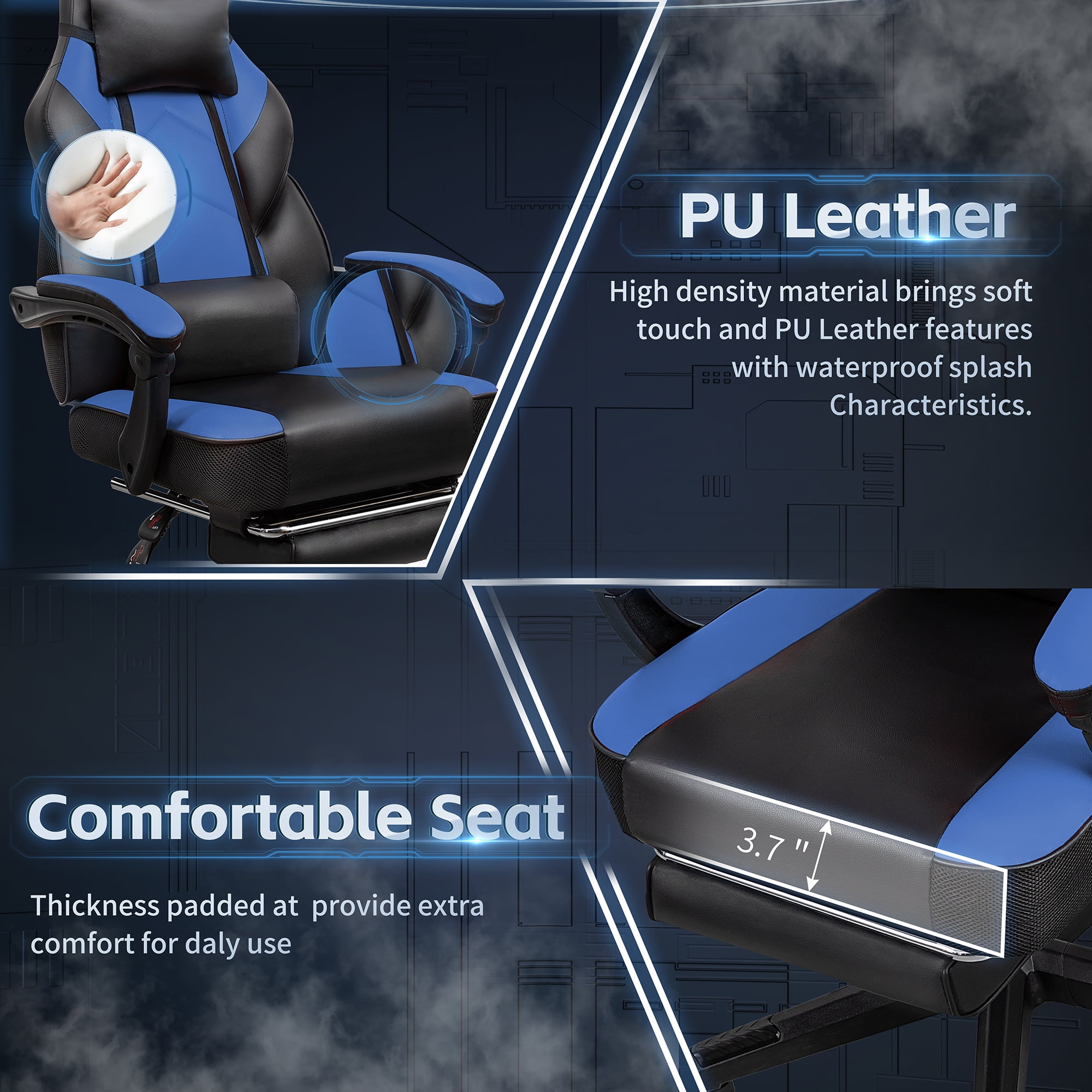 Walsunny Ergonomic Gaming Chair with Adjustable Footrest and Massage Leather Game Chair large gaming chair with Headrest and Lumbar Support for Adults, Blue