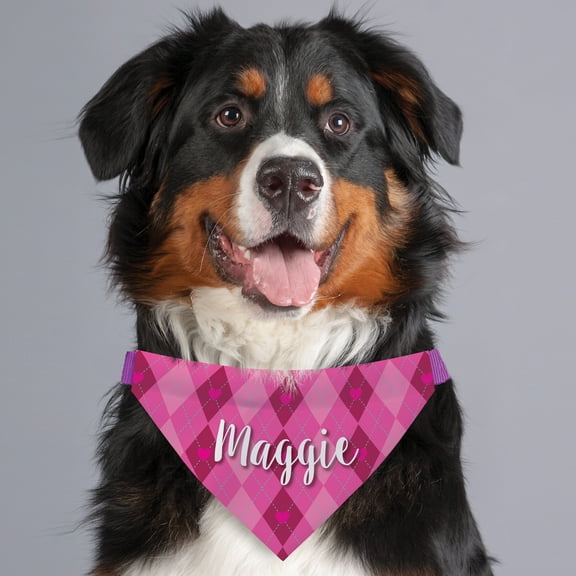 Pink and Red Heart Argyle Personalized Dog Bandana Collar Cover