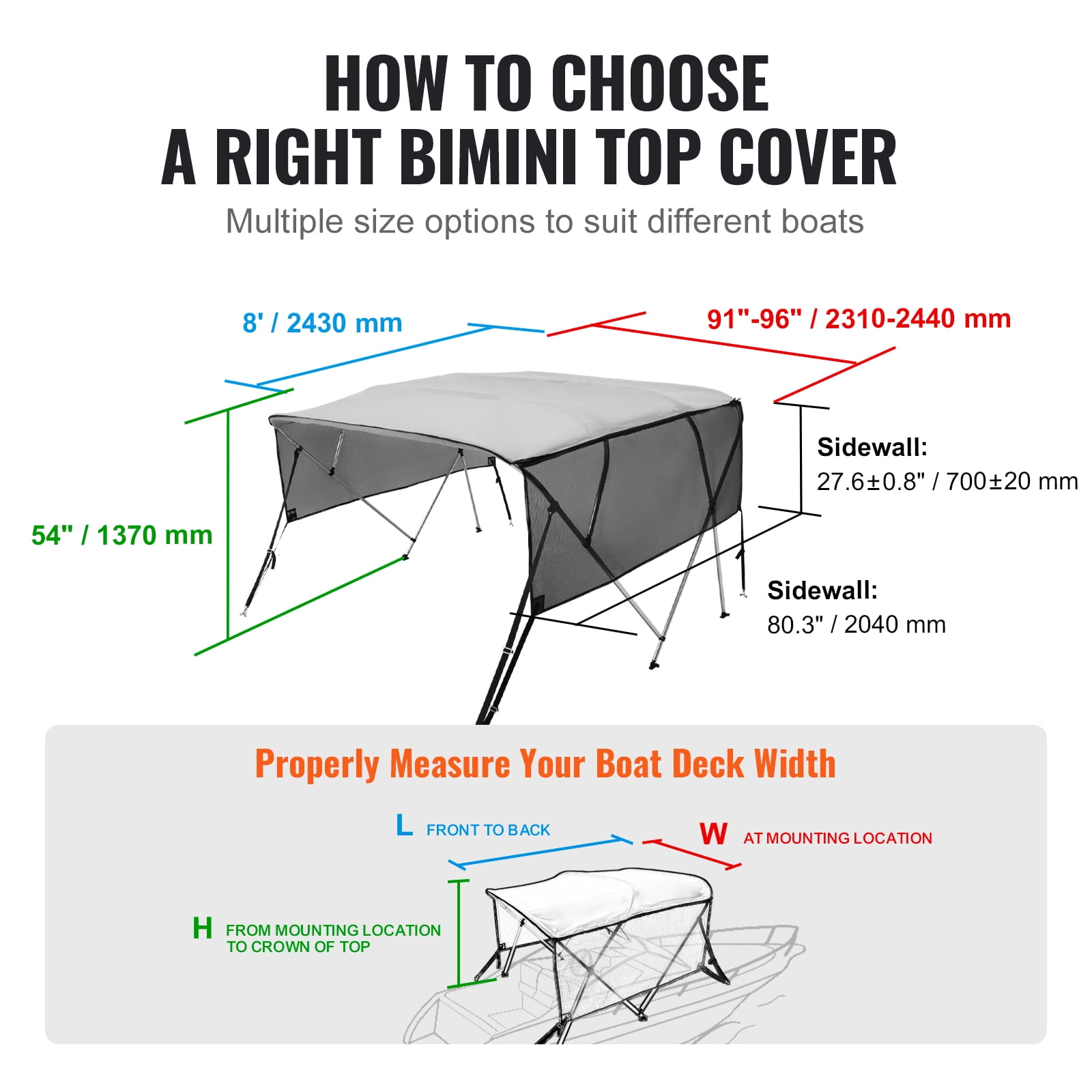 KFFKFF 4 Bow Bimini Top Boat Cover Detachable Mesh Sides 600D with Frame 91"-96"W