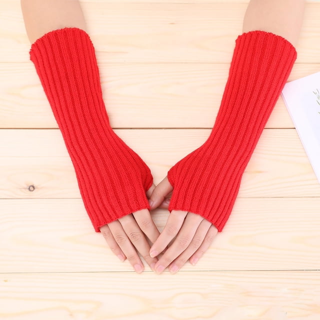 Gants Chauffants Hiver Longs Sans Doigts pour Femmes Gants avec Trou pour Pouce Mitaines pour Femmes et Hommes Mitaines Gants Hiver Rouges