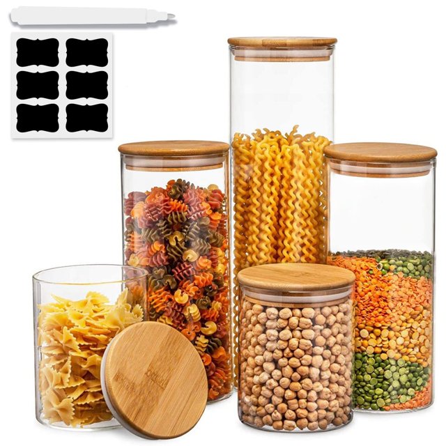 Recipientes Herméticos de Vidrio con tapa de bambú (5 piezas), Frascos multiuso para cocina, almacenamiento de alimentos, especias, pasta, cereales, granos, galletas y más