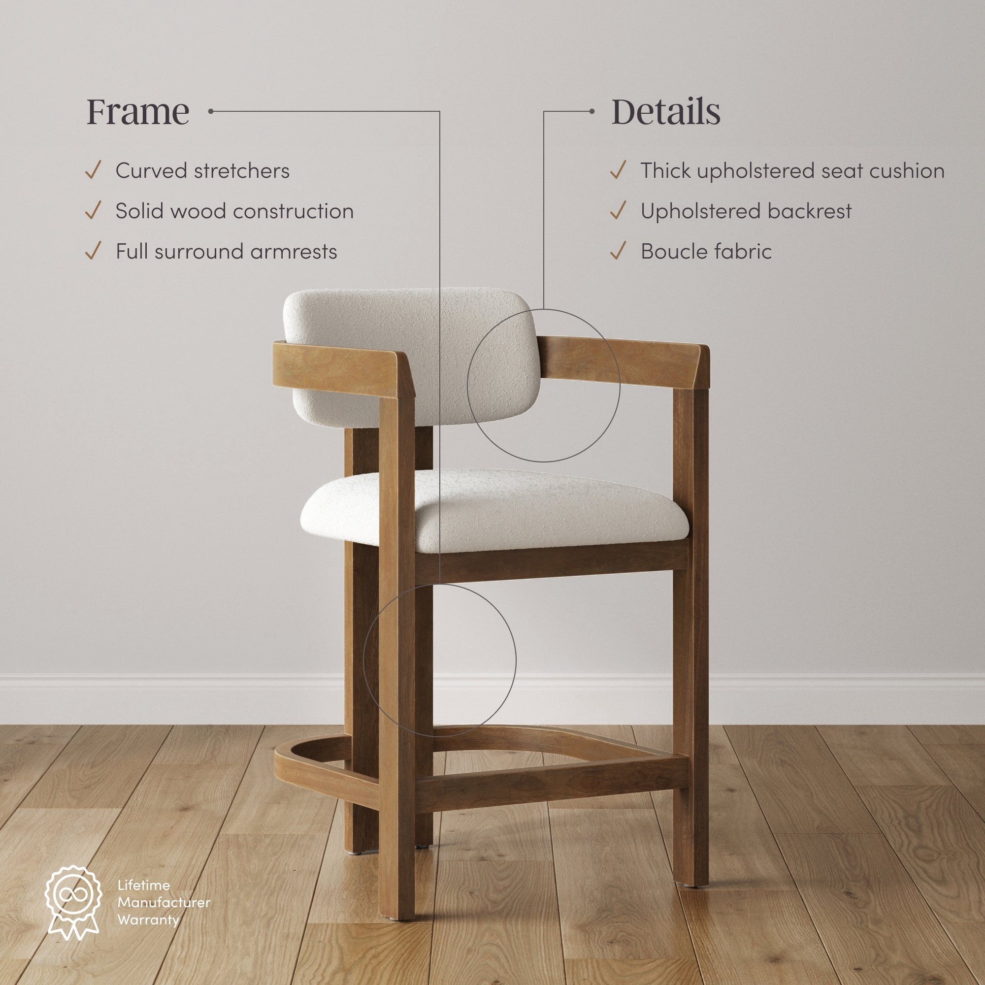 Nathan James Veya Modern Solid Wood Bar Stool with Back and Wraparound Armrests, Barrel Bar Stool with Boucle Upholstery, Light Brown