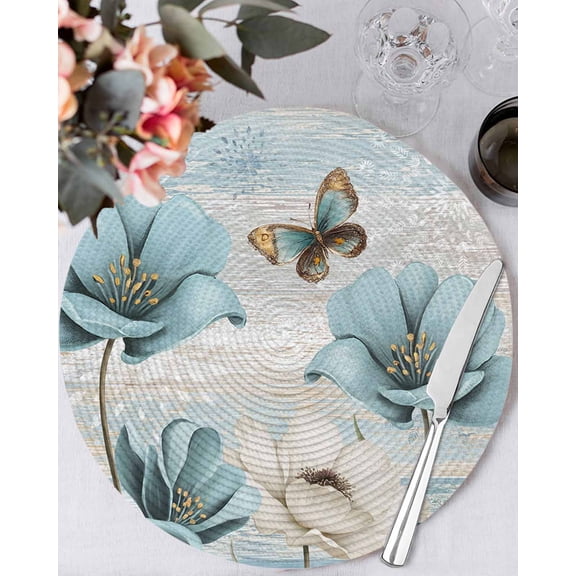15 Inch Round Placemats Set of 6, Spring Floral Non Slip Heat Insulation PP Table Mats, Vintage Tulips Flower Butterfly Retro Wood Blue Washable Place Mats for Kitchen Dining Party Table Decor