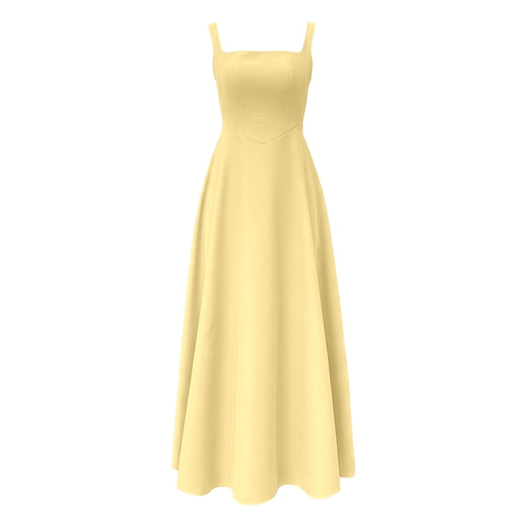 wide strap formal dress SonxaHe Womens Square Neck A Line Fitted Evening Party Midi Dress Yellow S SID-CR2462