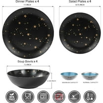 Black Melamine Dinnerware Sets - 12pcs Plates and Bowls Sets,  Camping Dishes Set for 4, Indoor and Outdoor Use Non-breakable Dinner Set - Star