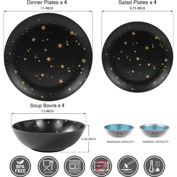 Black Melamine Dinnerware Sets - 12pcs Plates and Bowls Sets,  Camping Dishes Set for 4, Indoor and Outdoor Use Non-breakable Dinner Set - Star