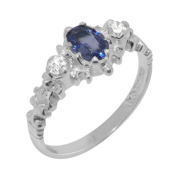 LBG British Made 925 Sterling Silver Natural Sapphire & Diamond Womens Anniversary Ring - 33 size options - Size 10