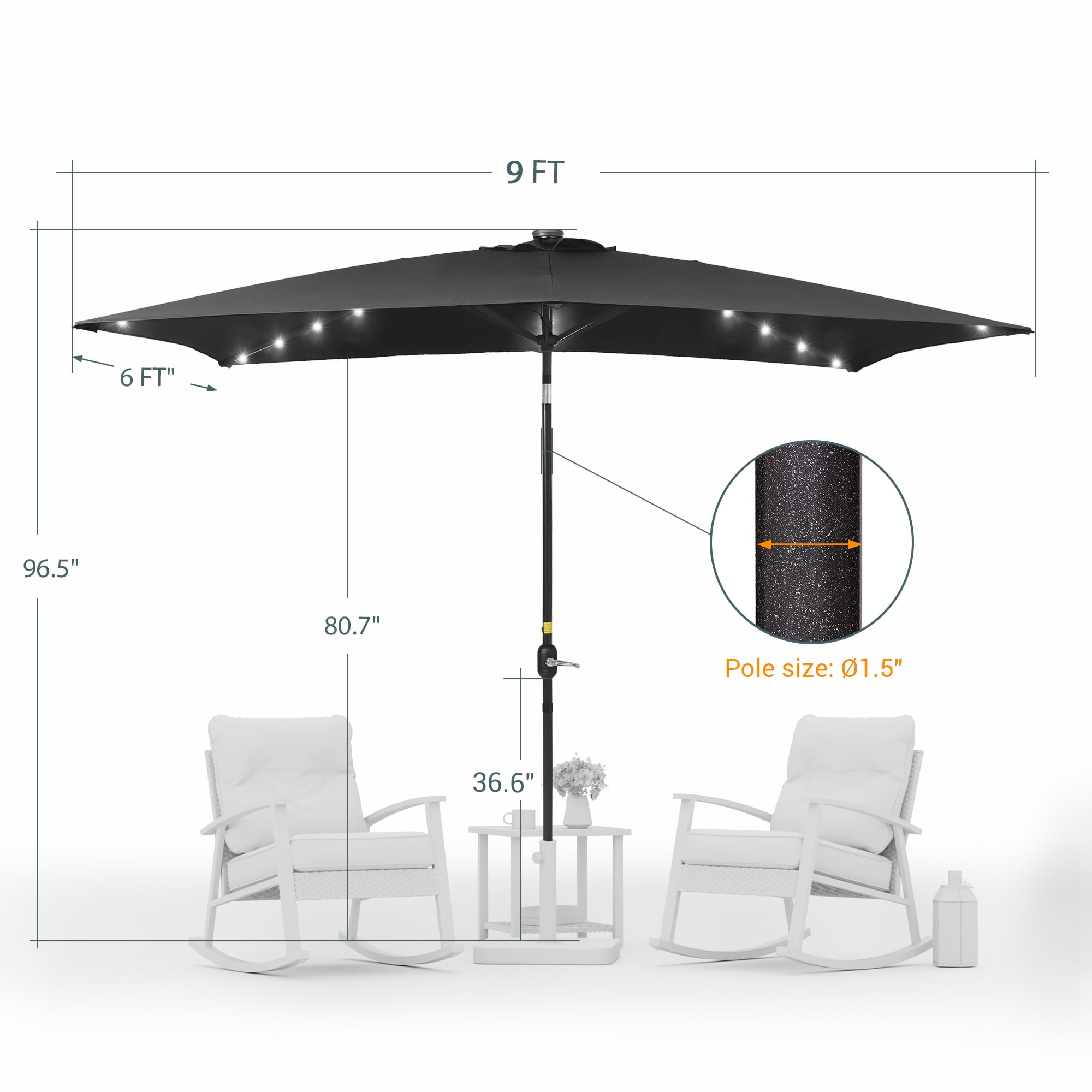 ACEGOSES LED Outdoor Patio 6x9ft Deck Solar Light Market Umbrella, Outside Table Umbrellas With Polyester canopy,Black