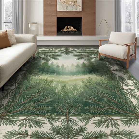 ODIKA 8'x10' Washable Area Rug Non-Shedding, Easy Care, Forest Botanical Vine Border Hardwood Long Farmhouse Watercolor Refined for King Size Bedroom Under Bed, Master Suite