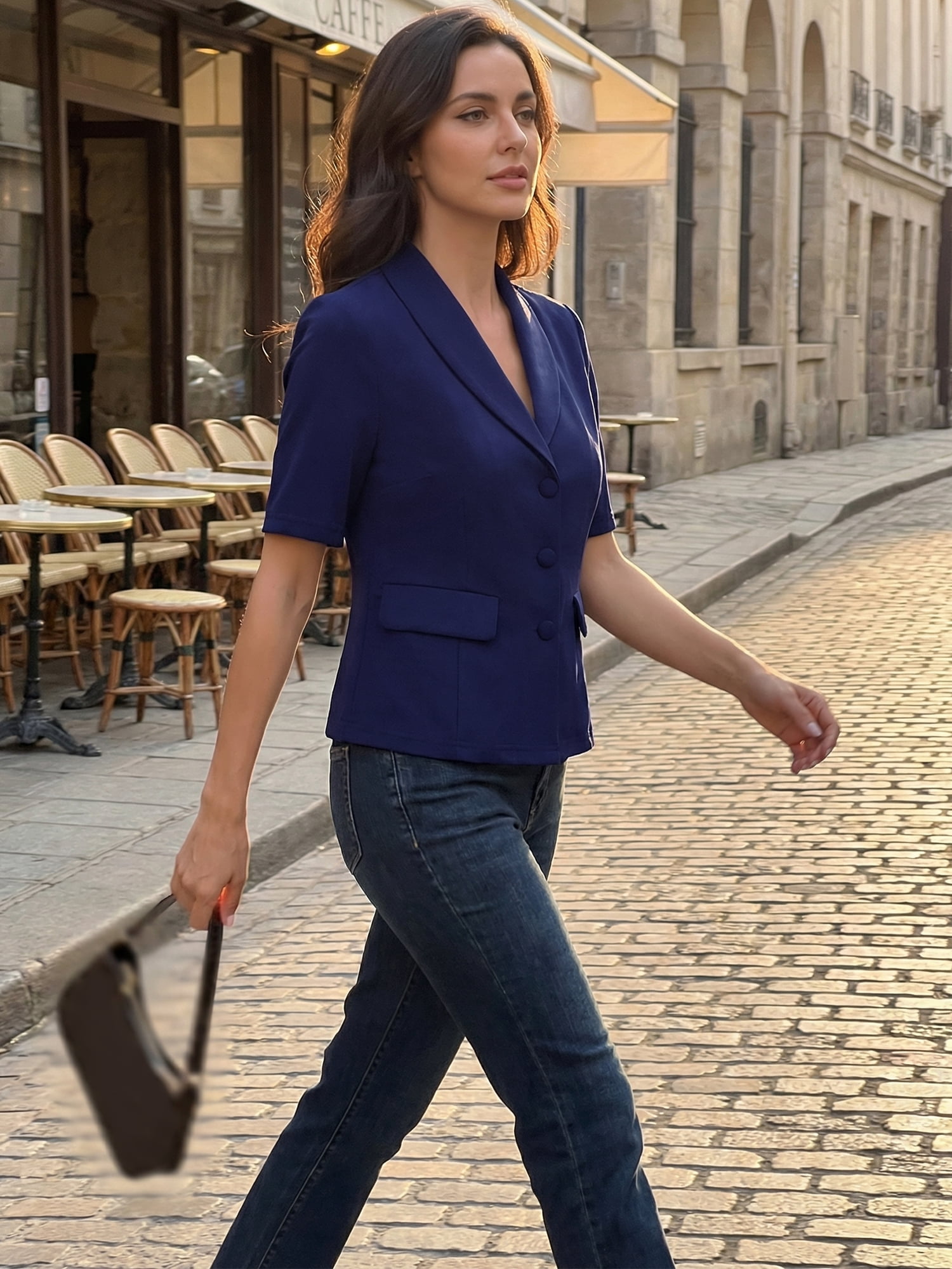 DARING DIVA Women's Short Sleeve Business Suit Jacket Blazer XS Dark Blue