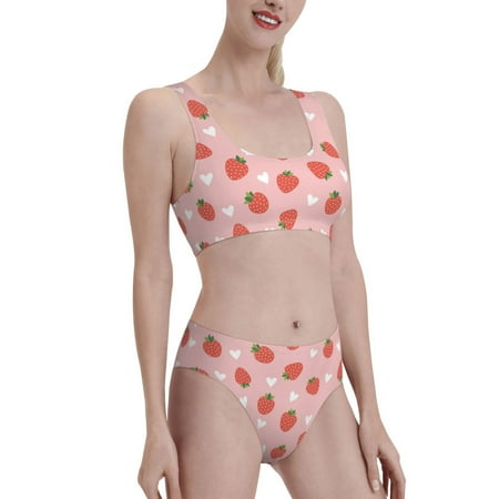 Uemuo Strawberry Printed Women s High Waisted Bikini Sets Sporty Two Piece Swimsuits Color Block Cheeky High Cut Bathing Suits-Large