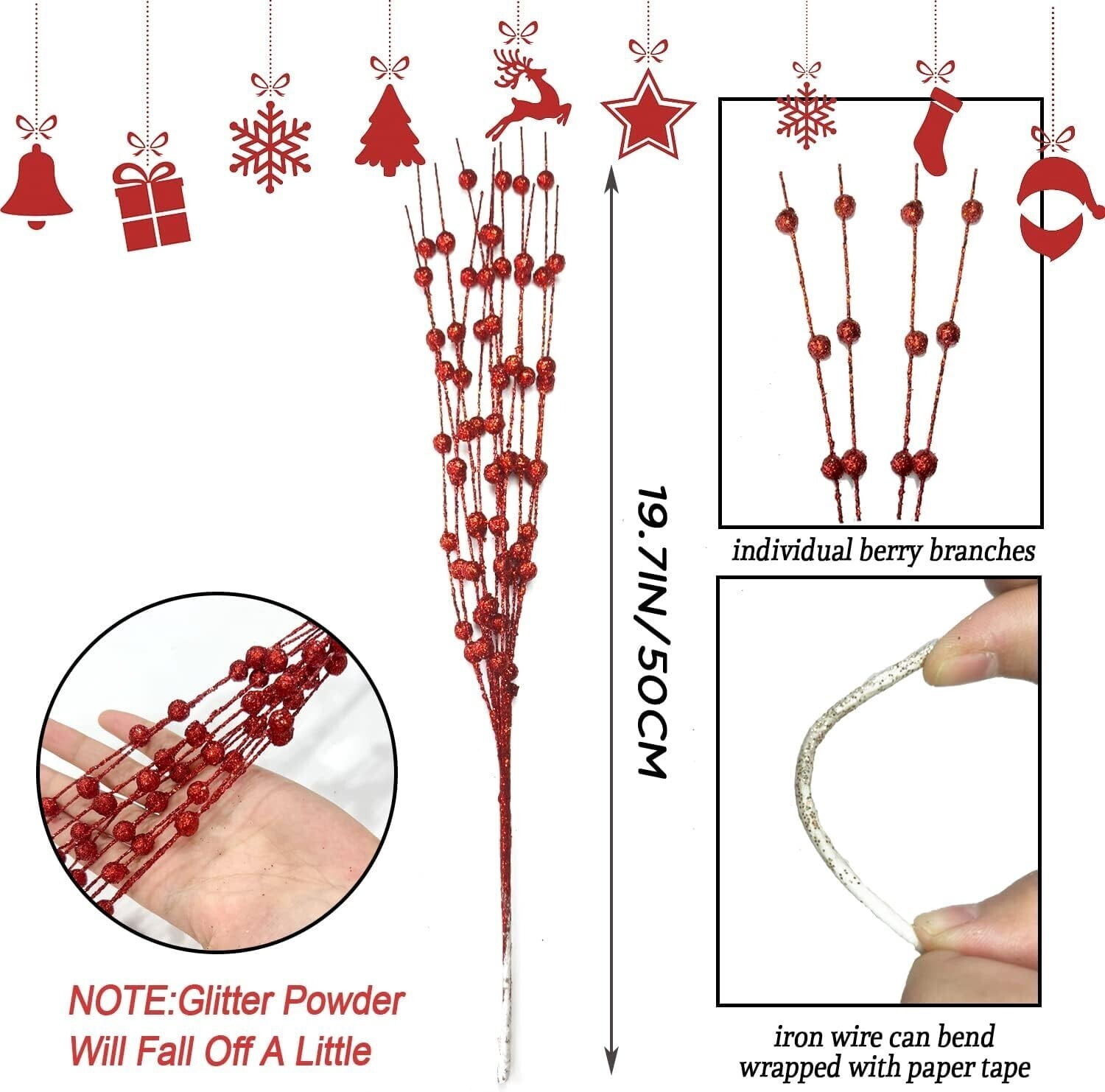 30 Pack Artificial Glitter Berry Stem Ornaments 15.7in Decorative Christmas Picks Glittery Bead Sticks Branches for Christmas Tree Decor DIY Wreath Crafts Home Decor (Red)