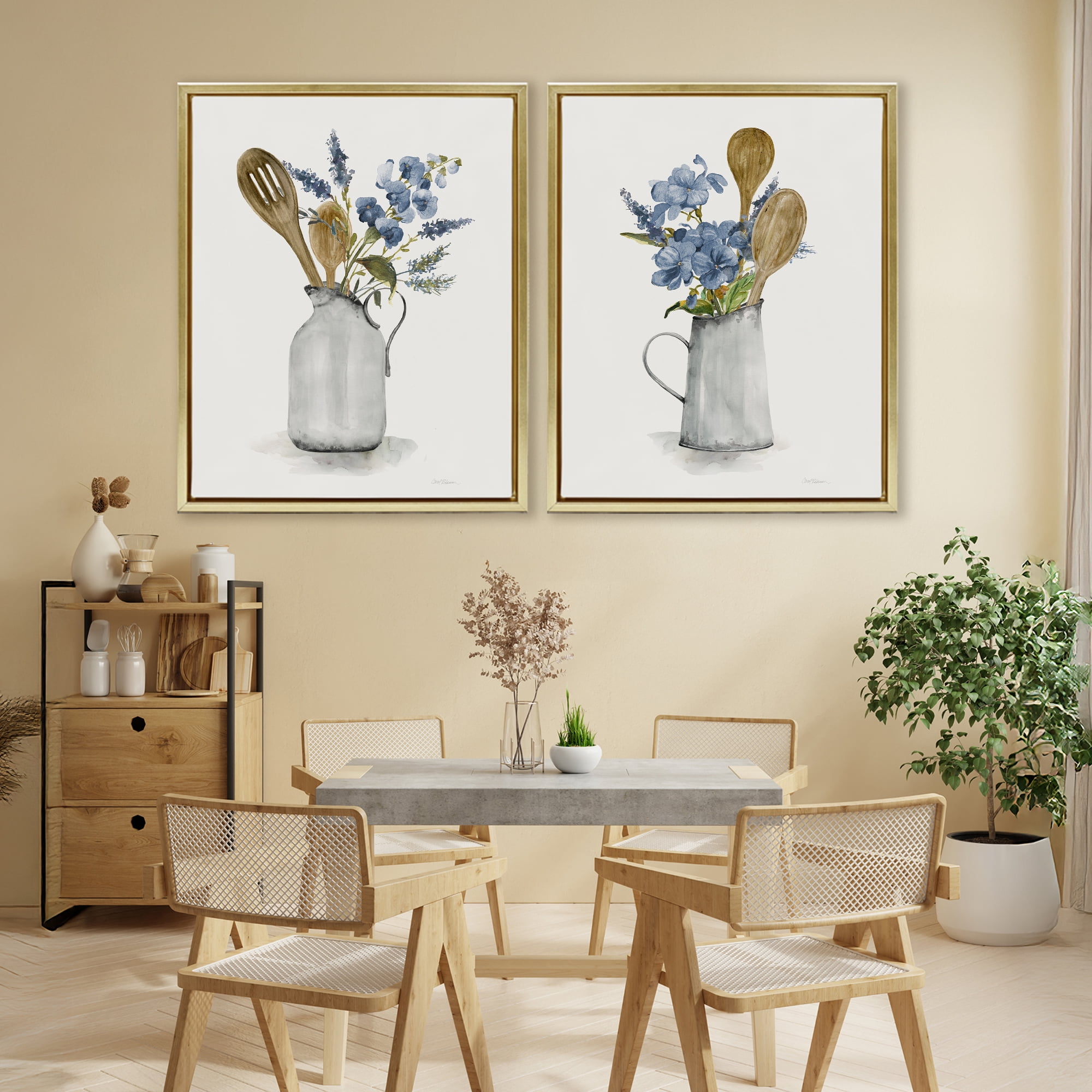 Stupell Industries Kitchen Pitcher Bouquets 2 Piece Gold Framed Floater Canvas Set, design by Carol Robinson