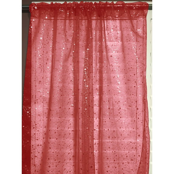 Silver Stars on Sheer Tinted Organza Solid Single Curtain Panel 58 Inch Wide Red