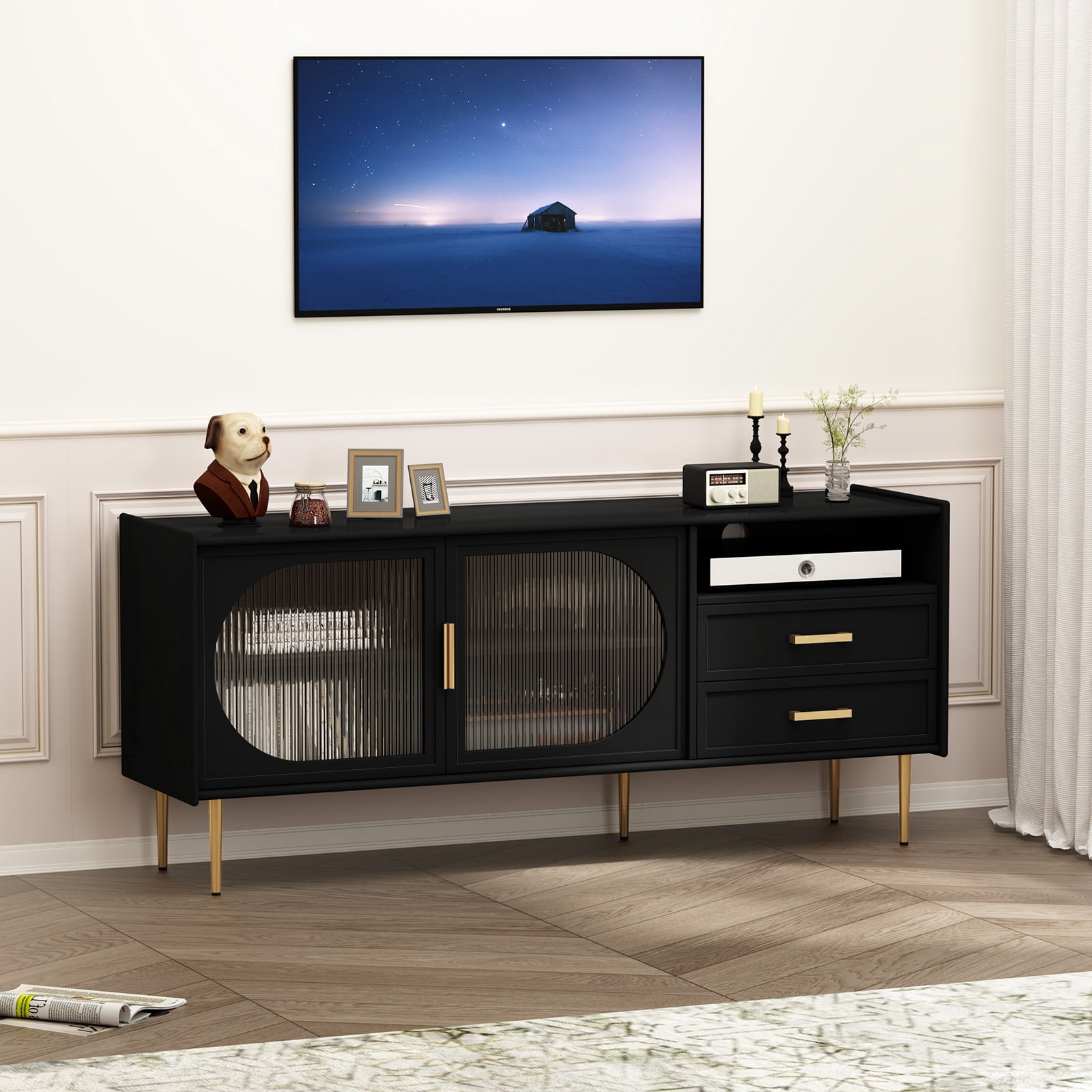 CBJCBJ 60.1" Modern Glass Door TV Stand with 2 Drawers & Adjustable Shelf | Entertainment Center for TVs up to 70 Inch | 4-Compartment Media Console Storage(BLACK)