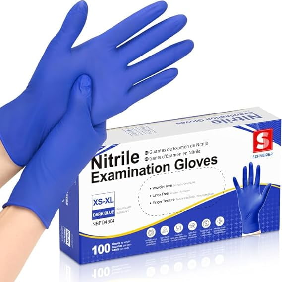 Schneider Nitrile Exam Gloves, Dark Blue, Disposable Gloves, Latex-Free, Powder-Free, Food Safe for Cleaning, Cooking, Household Use,100 Count,Size Large