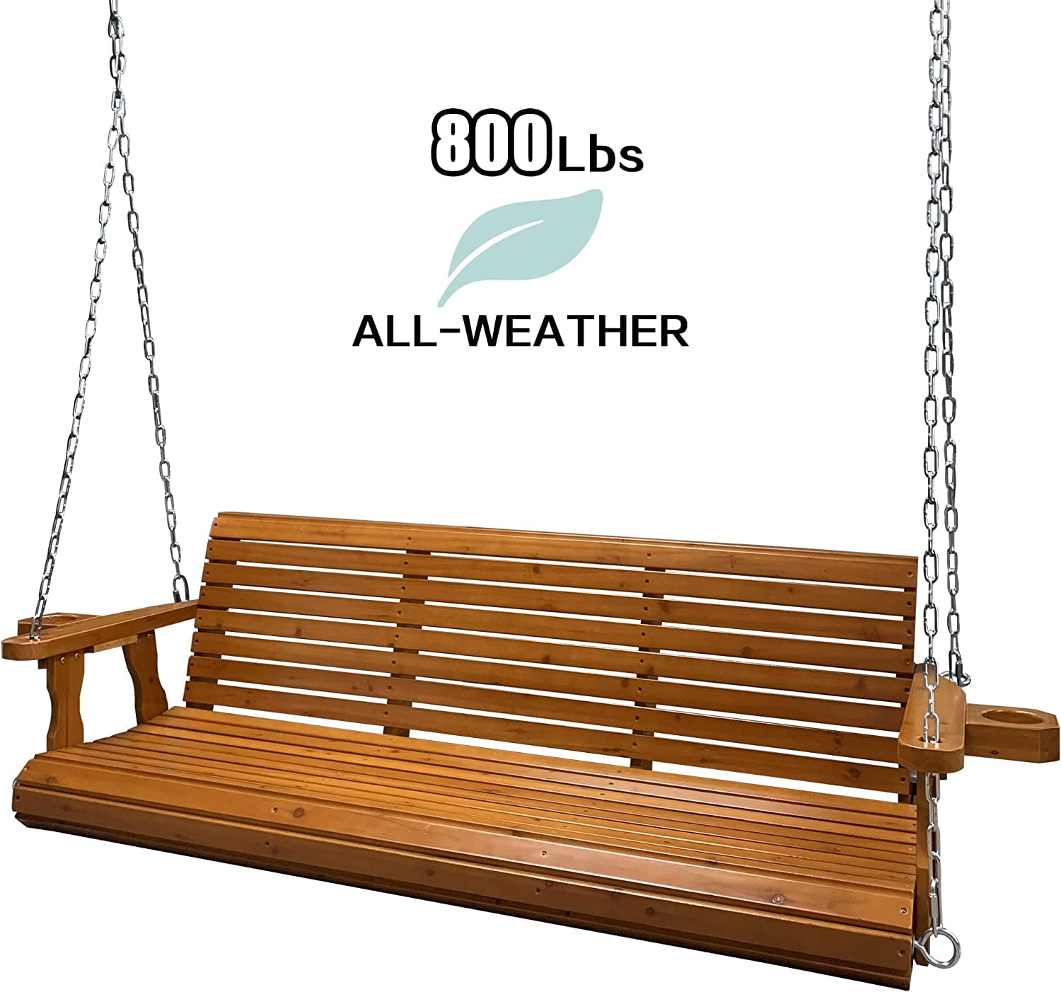 Wooden Porch Swing 3 Seater, 800 lbs Bench Swing for Outdoor Patio