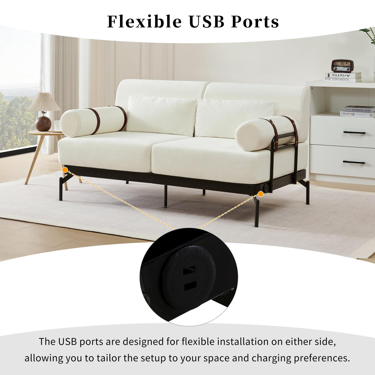 59" Loveseat Sofa with USB Ports,Modern Sofa Couch 2-Seater Sofa with 2 Pillows,Cylindrical Armrests for Living Room Bedroom Apartment,Beige