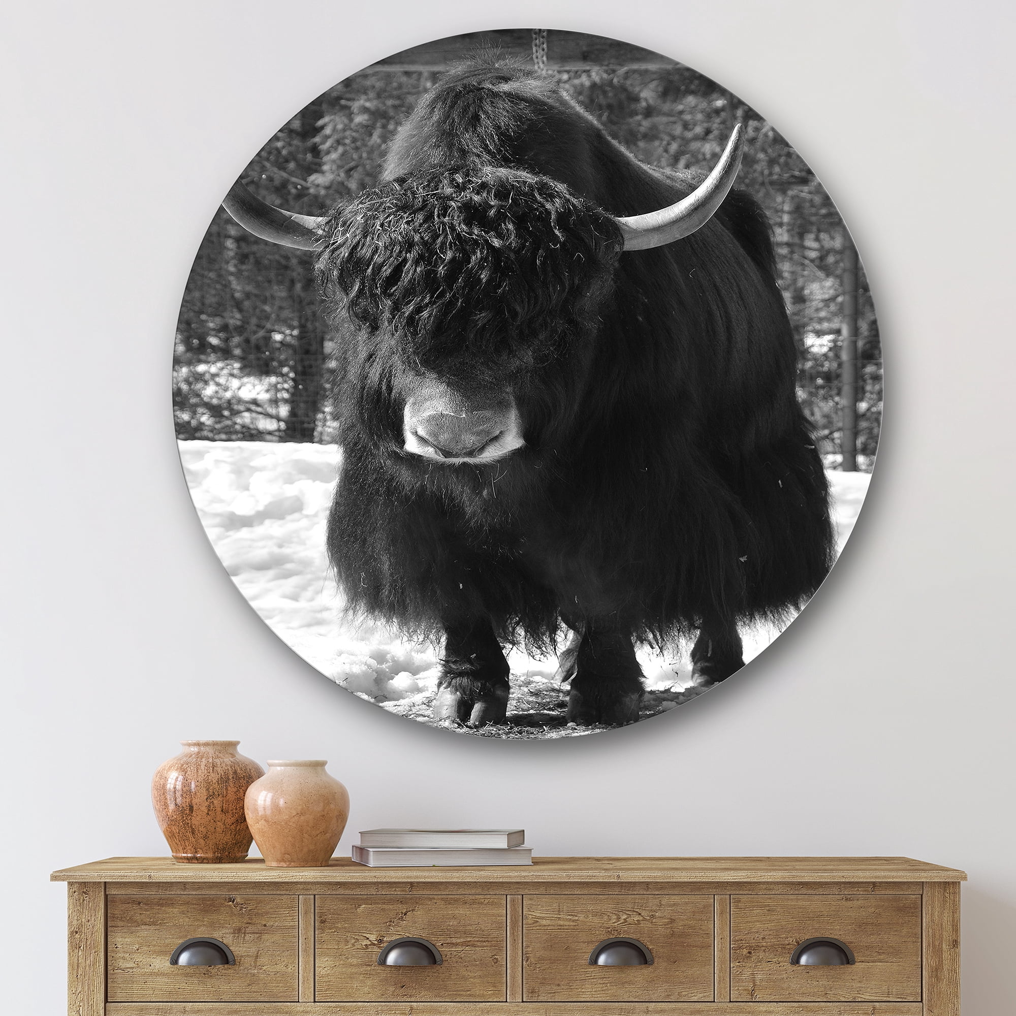 Designart 'Portrait Of Monochrome Wild Bull In Winter Forest I' Farmhouse Circle Metal Wall Art 36x36 - Disc of 36