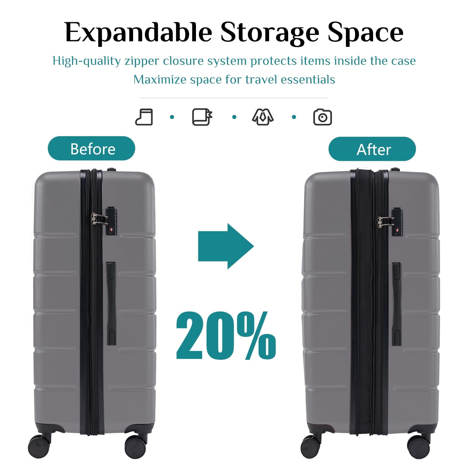 Kelno 3-Piece Hardside Luggage Set 20/24/28Inch ABS Suitcase Set with Double Spinner Wheels TSA Lock Lightweight Rolling Luggage, Dark Gray
