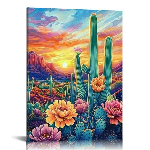 Patifu Cactus Flowers Sunset Art Canvas Prints Wall Decor 16x20 12x16 in