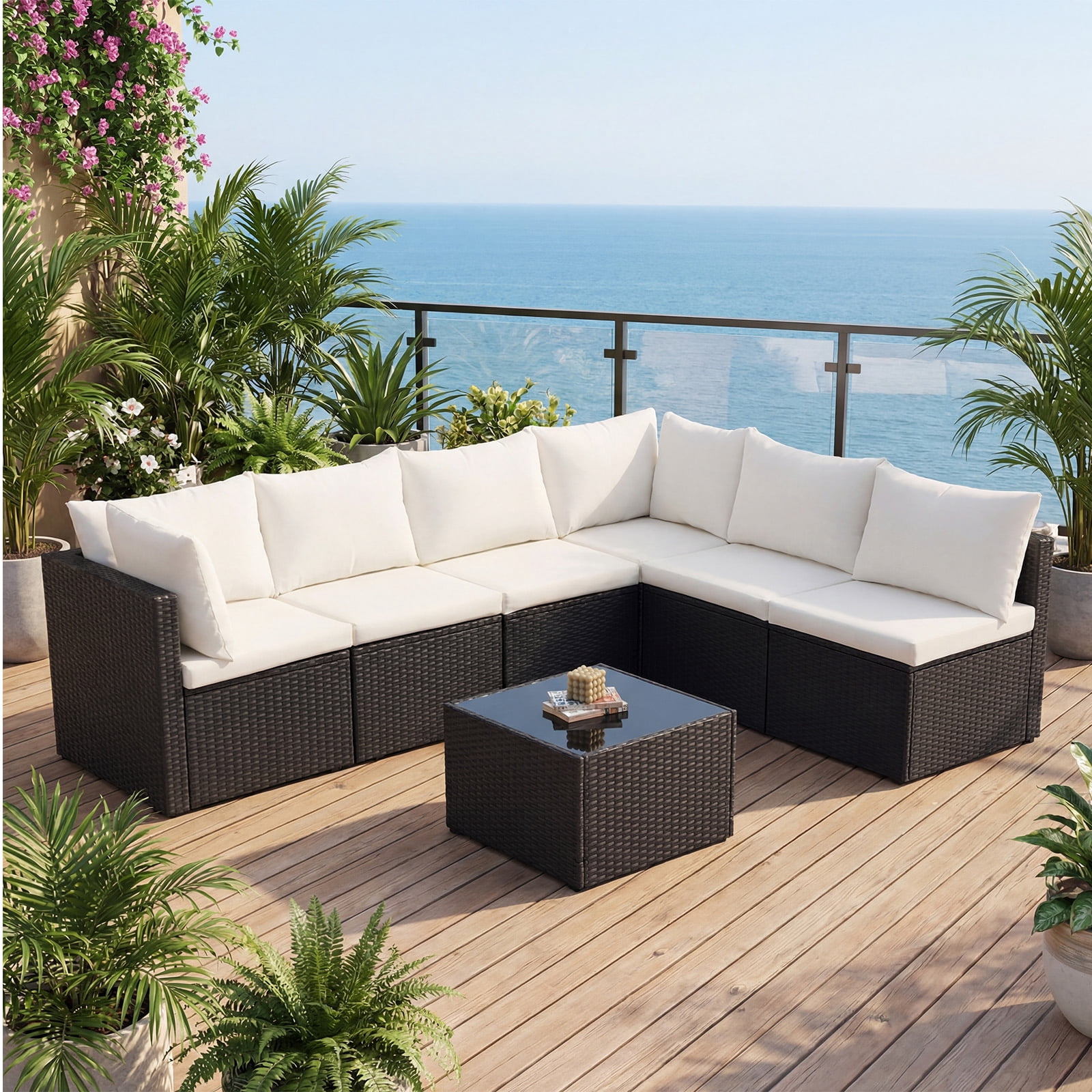 SHOUFTW 7 Piece Patio Furniture Set, Outdoor Wicker Sectional Sofa with Cushions and Glass Table, Black and Beige