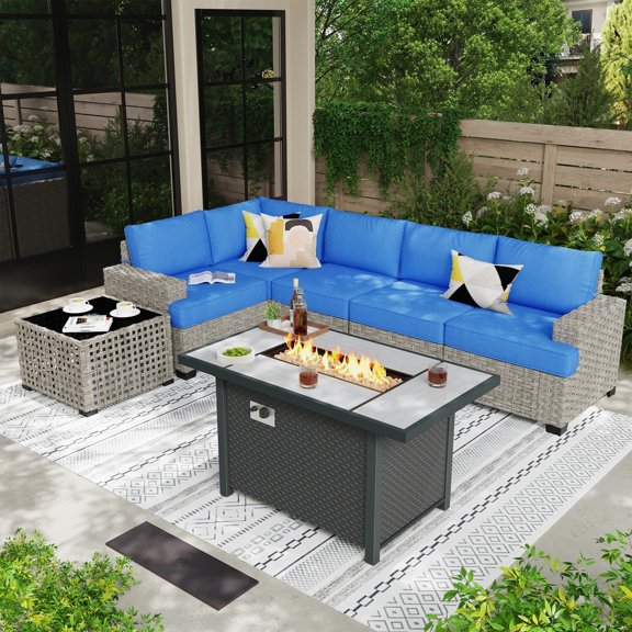 XIZZI 7 Pieces Outdoor Patio Furniture All Weather Rattan Conversation Set Wicker Patio Sectional Sofa Set with Fire Pit Table and Coffee Table for Garden, Diamond Blue