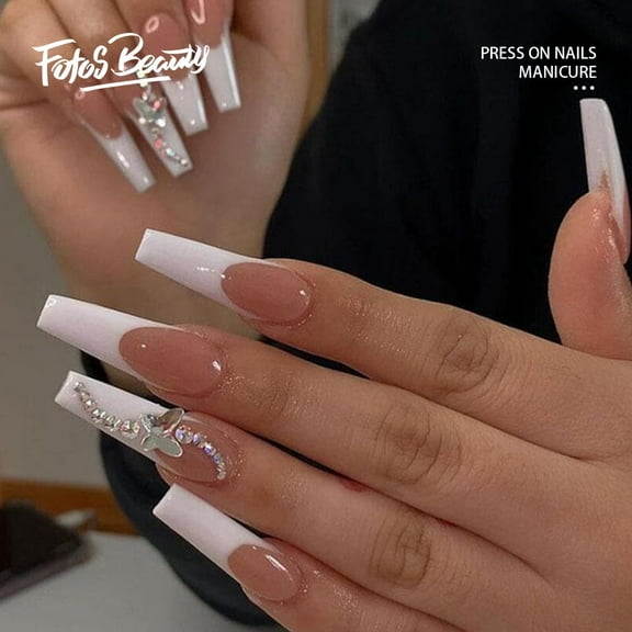 Fofosbeauty 24pcs Press on Nails French Tips Extra Long Coffin Manicure Full Cover Fake Nails, French Butterfly