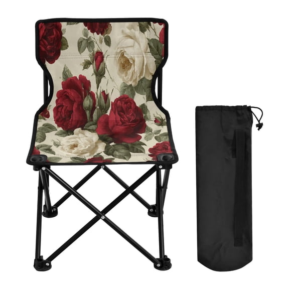 600D Oxford Camping Chair Portable Foldable Chair Supports 220 lbs for Picnic, Fishing, Backpacking Red and White Roses