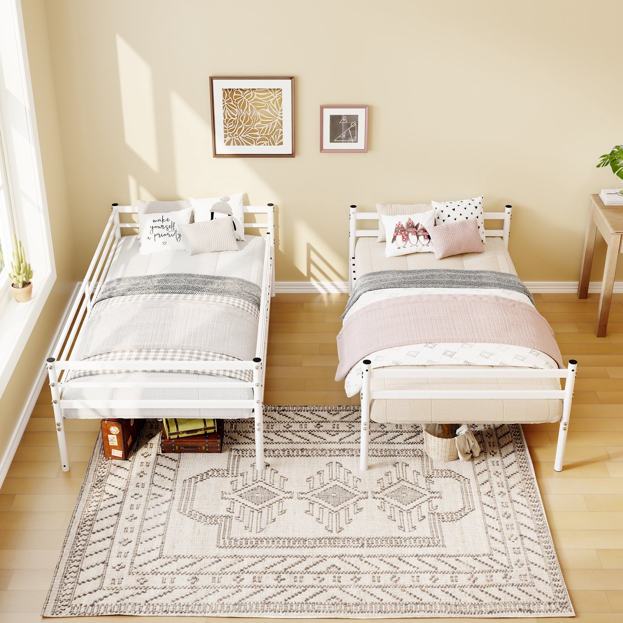Leumius Bunk Beds Twin Over Twin,Heavy-Duty Bunk Bed with Safety Guardrail & Ladder,Metal Slats Support,No Box Spring Needed,White