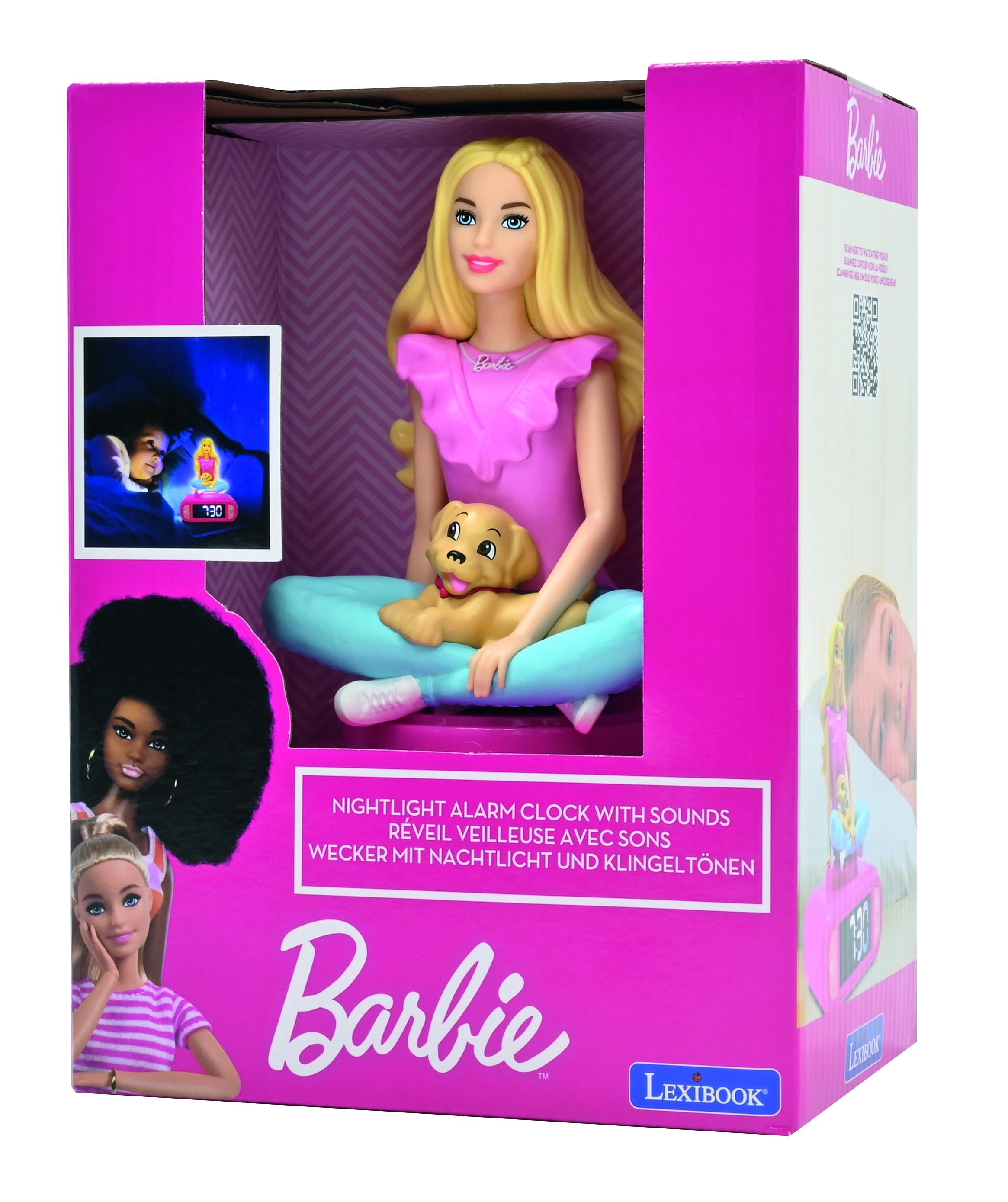Lexibook, Mattel Barbie, Barbie Nightlight Alarm Clock, Sounds and Melodies, LCD Backlit Screen, Luminous, Snooze, Pink