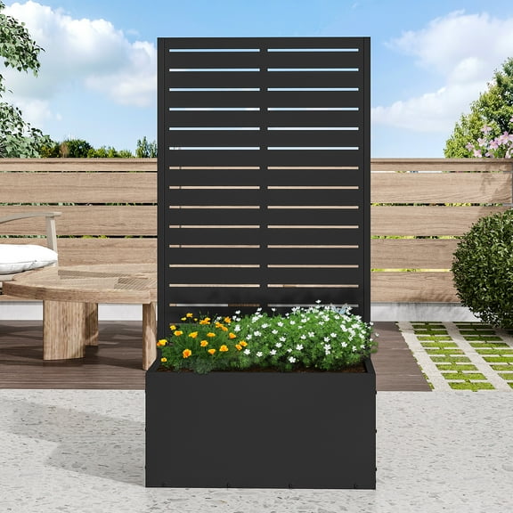 MAYEERTY 47*24" Outdoor Black Metal Planter Box with Trellis for Climbing Plants, Louvered Panel