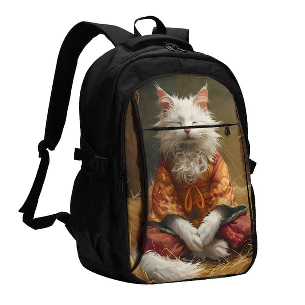 Balery Haystack Meditating Cat Mochila con carga USB para hombre y mujer - Mochila impermeable y antirrobo para laptop con puerto USB para viajes, trabajo