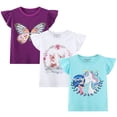 thumbnail image 3 of HILEELANG Toddler Girl's Tee Shirts Summer Puff Short Sleeve Cotton Casual Crewneck Graphic Ruffle Cap Easter Purple Butterfly T-Shirts Tops 3 Packs Sets 2T, 3 of 7