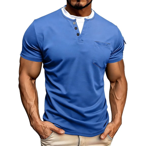 VSSSJ Men's Short Sleeve Henley Shirts Crew Neck Casual Classic Basic Tshirt Button Double Layer Summer Tops with Chest Pocket Blue L