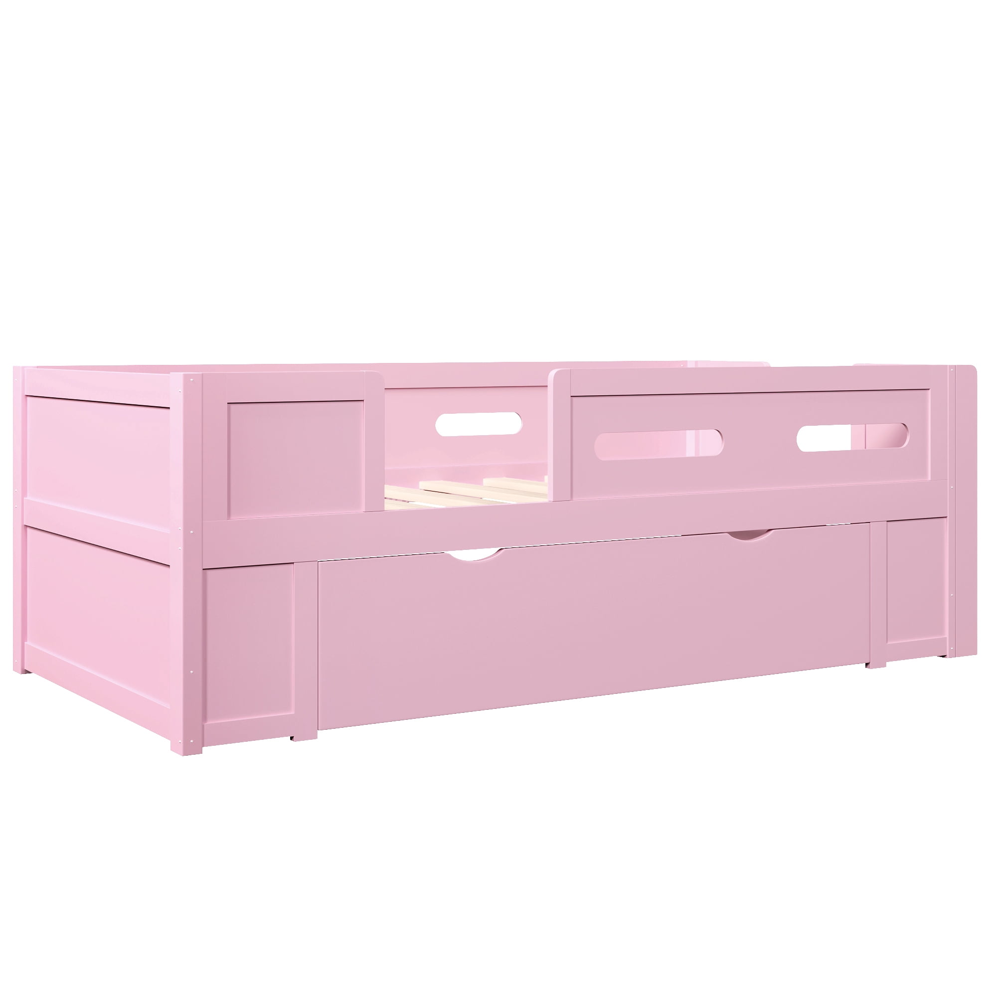 Euroco Wood Twin Size Platform Bed with Guardrails and Drawers, Pink