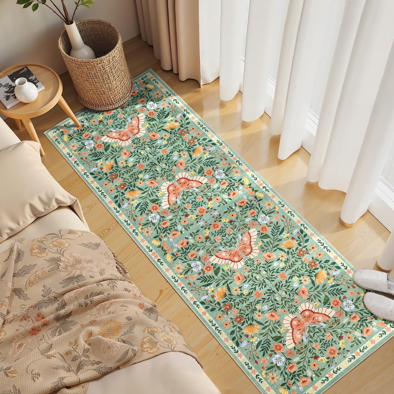 HOMERRY Green Floral Hallway Runner Rug 2x6 Washable Non Slip Throw Carpet