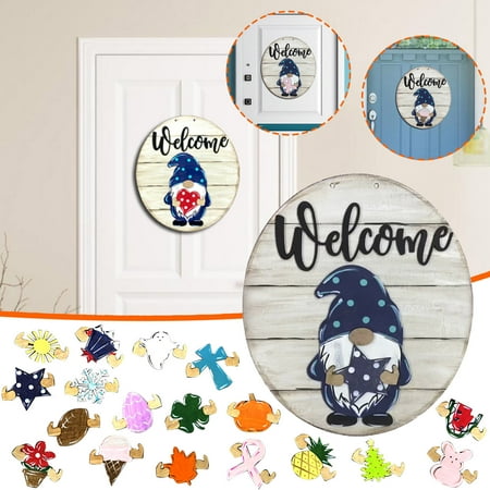 SDJMa Interchangeable Welcome Sign Front Door Porch Decor, Wooden Easter Gnome Door Hanger Wreath with 19 Pieces Seasonal Holiday Icons, Rustic Farmhouse Home Sign DIY Hanging Decor