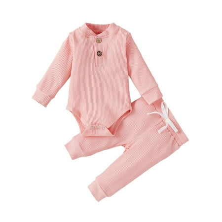 

Newborn Boys Girls Clothes Rib Knit Cotton Long Sleeve Jumpsuit Trousers Solid Color Autumn and Winter Clothes pink—80CM